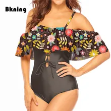 Цельный купальный костюм большого размера с рюшами, купальный костюм, Женская винтажная купальная одежда с глубоким вырезом и цветочным принтом, неоновая одежда для плавания Badpak Kawaii, XXXL