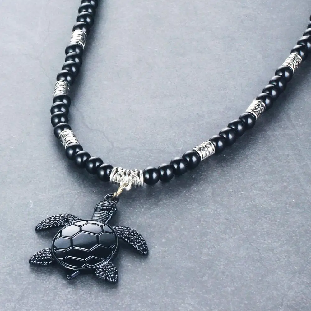 

Cute Tortoise Pendants Necklaces for Men Vintage Turtle Black Color Beads Chains Necklaces Women's Necklace Jewelry colar NC094