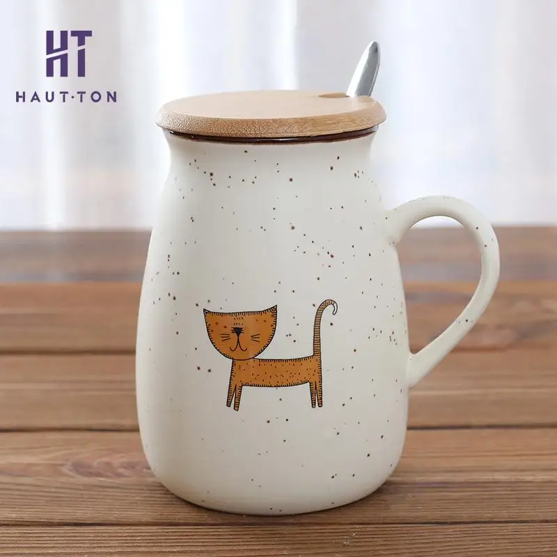 Мультяшная чашка с изображением большого живота керамическая чаша с кофейным молочным чаем ручная ручка кружка с деревянная крышка с ложкой - Цвет: 3