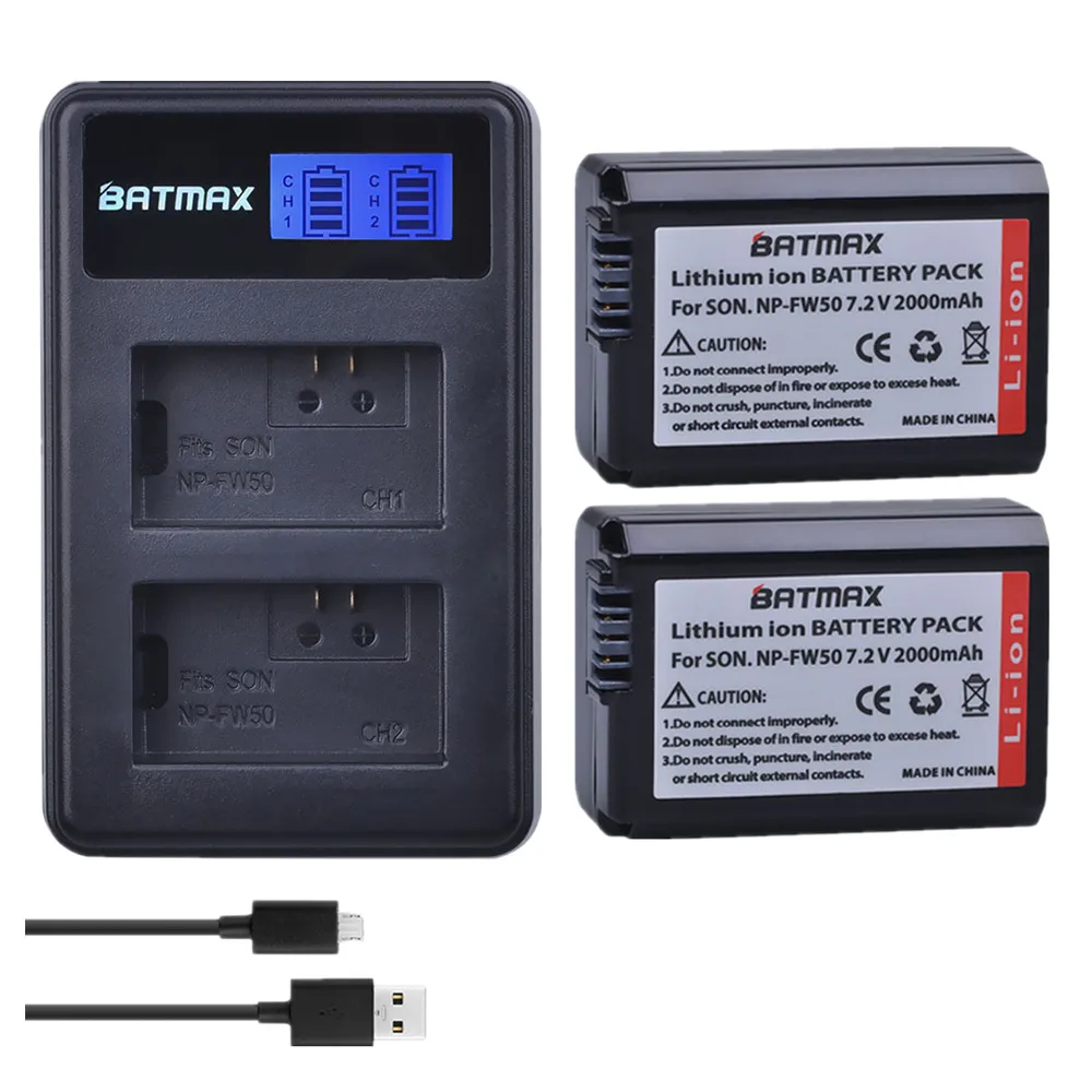 

Batmax 2Pc NP-FW50 NP FW50 npfw50 Battery akku+LCD Dual USB Charger for Sony Alpha a6500 a6400 a6300 a6000 a5000 a3000 NEX-3 a7R