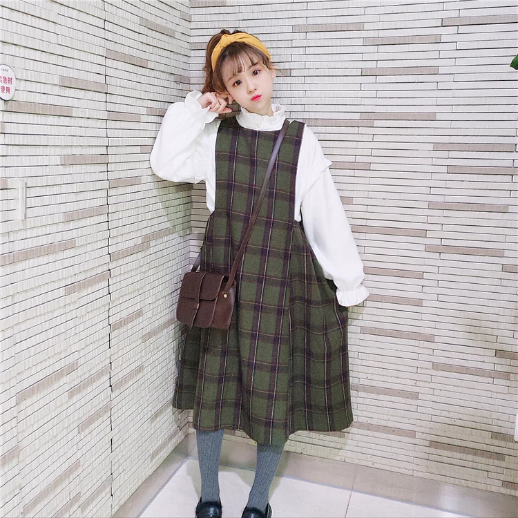 Японский Мори девушка осень зима для женщин длинный сарафан негабаритных плед Винтаж без рукавов Vestidos элегантный шерстяной миди платье на бретелях - Цвет: Green