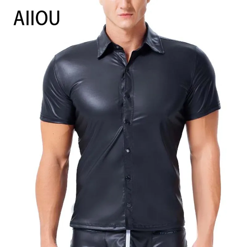 AIIOU Men Sexy Black T Shirts Faux Leather Male Men Spandex Tight Shirts Gay Funny Male Undershirts Dance Wear Corset Clothing