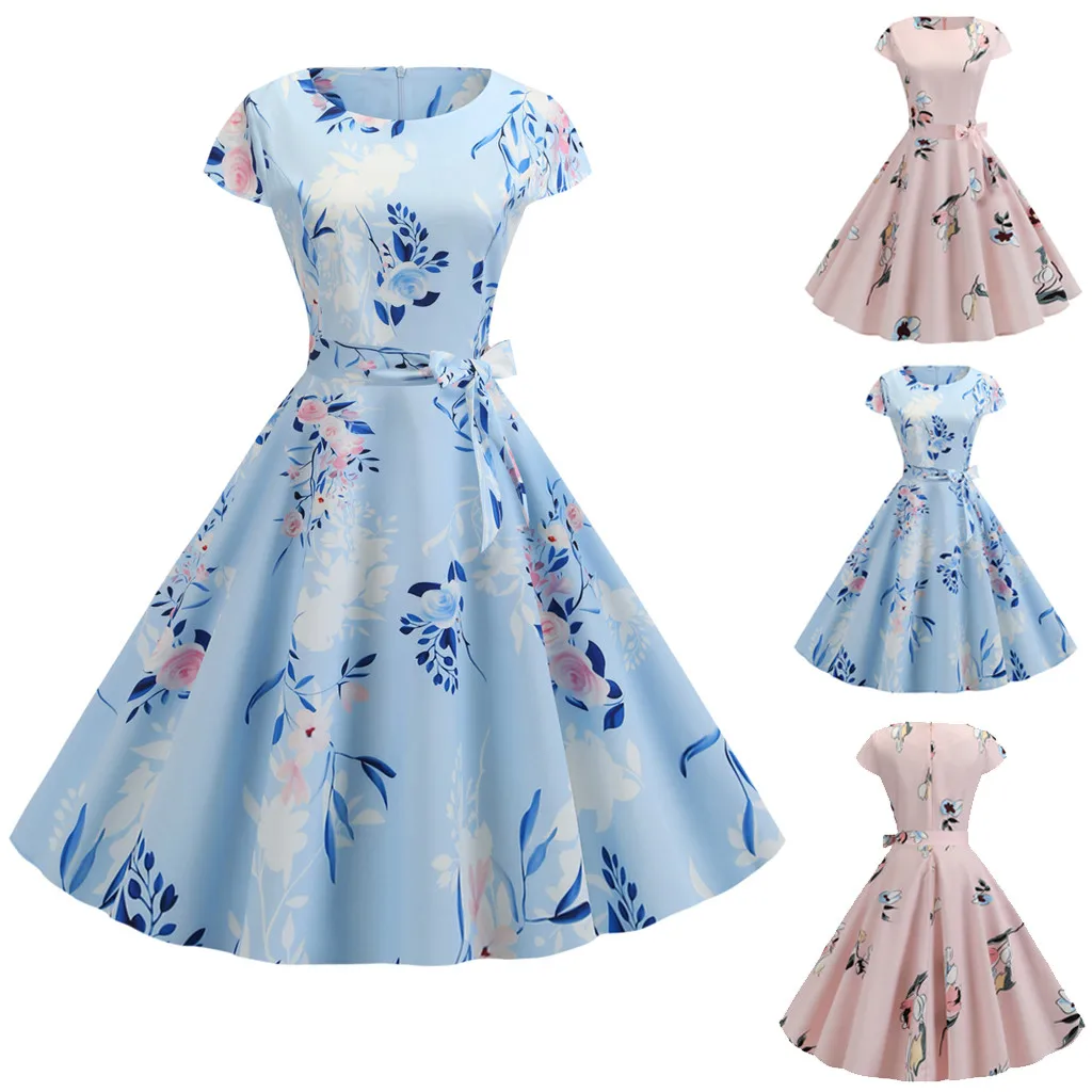 

Women Dress 2019 Women Vintage Floral Printed O Neck Evening Printing Party Prom Swing Dress Party Dress Vestidos Plus Size