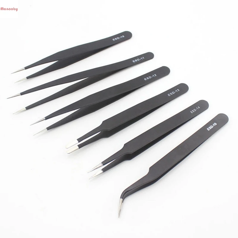 

6pcs ESD Anti-Static Stainless Steel Tweezers Set Maintenance Repair Tool Kit Eyebrow Tweezers Tools Eyelash Tweezers