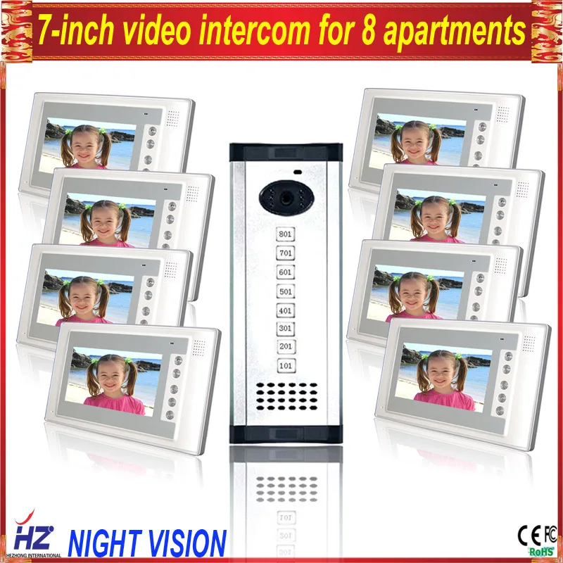 

Saful Luxury panel wired video door phone support ID card unlock Handfree 8 apartments intercom system for villa with camera