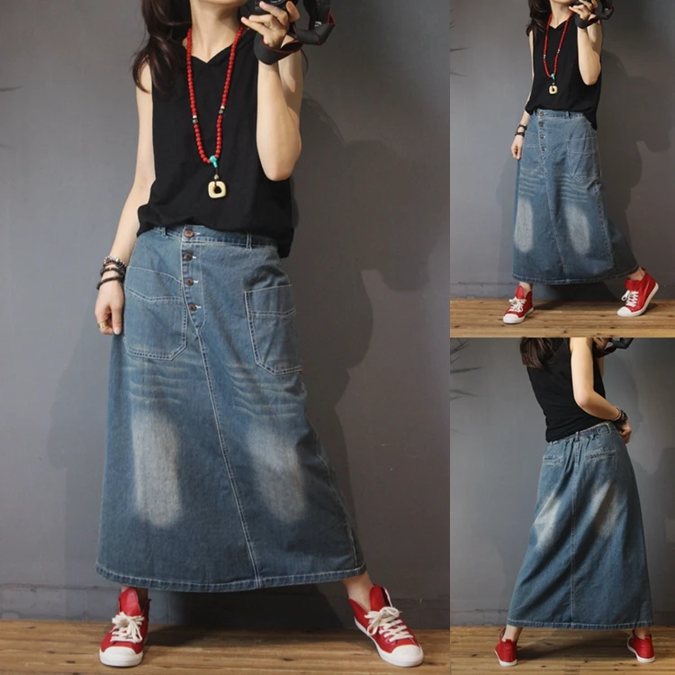 

Spring Autumn Women Casual All-match Loose Vintage Elastic Waist Denim Skirts Bleached Denim Skirts