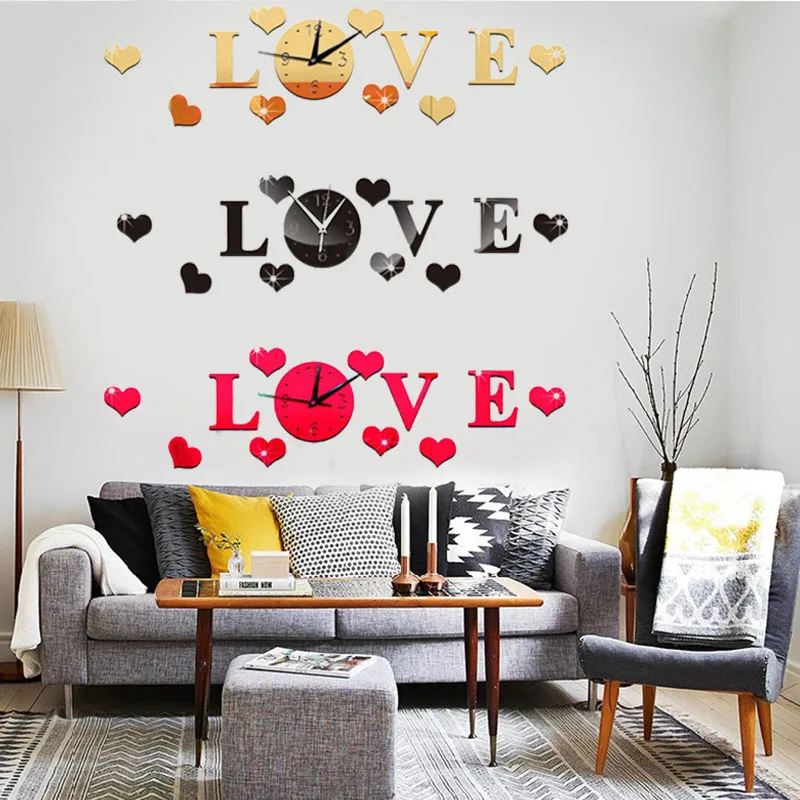 cheap Creative 3D Mirror Effect Stickers Wall Clock LOVE Decals Removable Home Decoration Adesivo De Parede Stickers Muraux Pegatinas