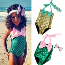 Детская Русалка плавающая Одежда для девочек, комплект бикини, купальник с бантом, повязка на голову, костюм купальник для девочек, милый