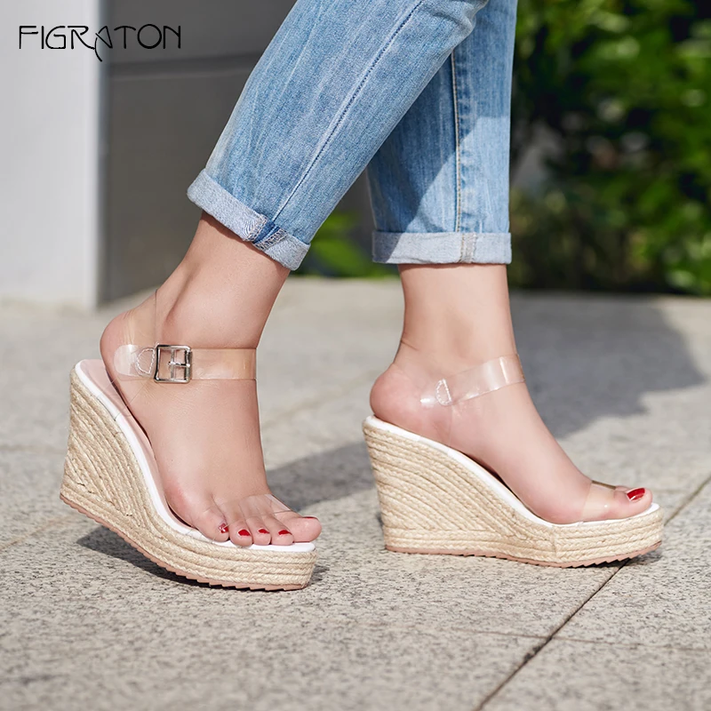 

Figraton Shoes Women's Sandals Straw Bordered Solid Color Casual Basic Concise Buckle Back Strap High Wedges Heels