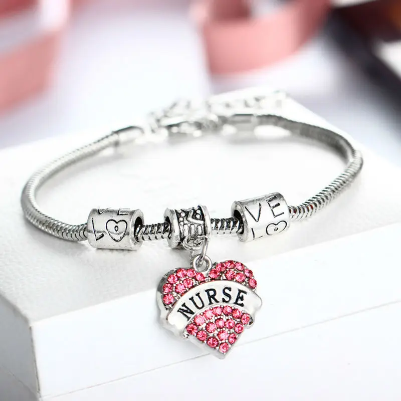 Pink Love Heart Crystal Nurse Charm Bracelet Women Jewelry S Pink Love Heart Crystal Nurse Charm Bracelet Women Jewelry S Gifts Bangle Beads Chain In Bracelets From Accessories On
