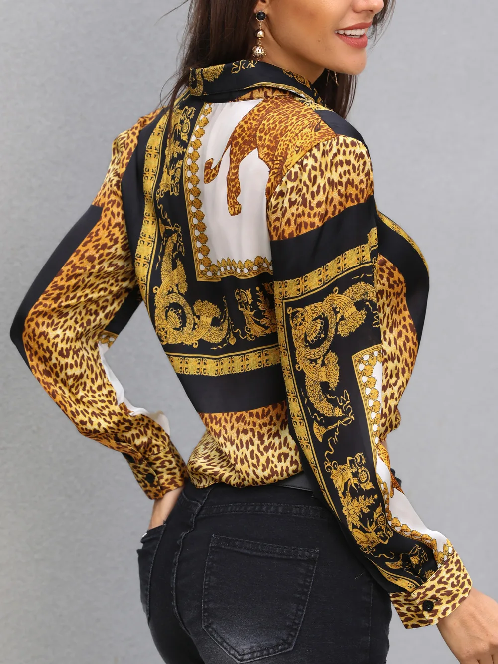 2019 Spring Women Elegant Party Loose Button Shirt Turn-down Collar Female Leopard Print Knot Front Long Sleeve Blouse