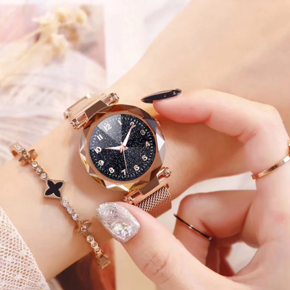 

Luminous Women Watches Starry Sky 2019 Fashion Luxury Stainless Steel Magnetic Watch Ladies Refractive Surface Dial Quartz Watch