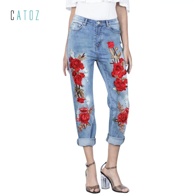 New 2017 Women's Vintage Embroider Flowers jeans High