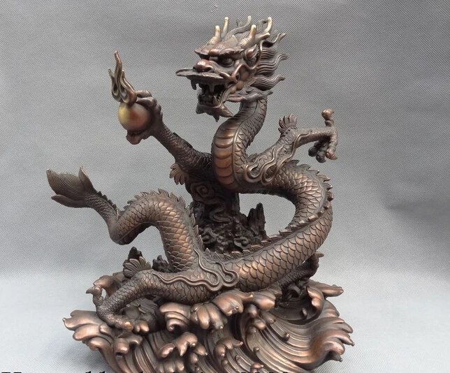

JP S0606 14" Chinese Pure Bronze Folk 12 Year Zodiac Wealth Fly Dragon Play Ball Statue Discount 35%