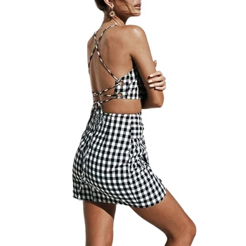 

New Women Checkerboard 2 Pcs Set Bodycon Skirt Crop Top off shoulder Tank Summer Two Piece Set Bandage Gingham Mini Skirt