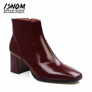 

ISNOM Booties Woman 2020 Ankle Boots Female Genuine Leather Women Spring Zip Square Heel Thick Toe High Ladies Shoes NEW