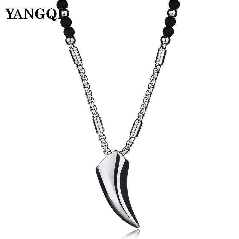 Norse Vikings Wolf Teeth Pendant Necklaces Silver Stainless Steel Chain Black Stone Strand Beads Necklaces Ethnic Jewelry Men
