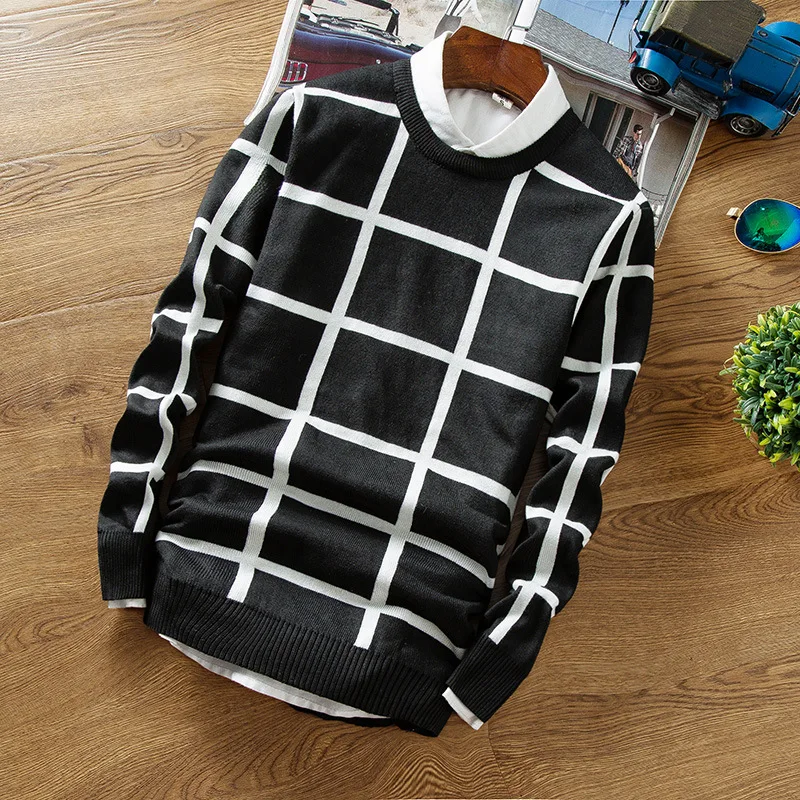 Осень 2018 grid свитер с длинными рукавами круглый воротник Мода молодой мужчина свитер