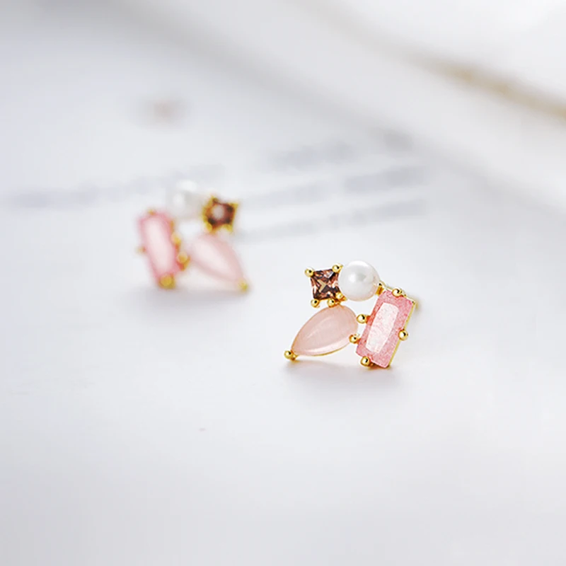 

Ruifan White/Pink Geniune 925 Sterling Silver Earrings for Women Pearl Cubic Zircon Small Stud Earrings S925 Jewelry YEA197