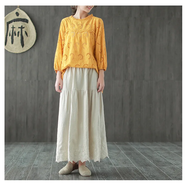 Осенняя Новинка, художественная кружевная вышивка в стиле пэчворк, винтажная хлопковая льняная Женская трапециевидная строчка, свободная ретро юбка миди