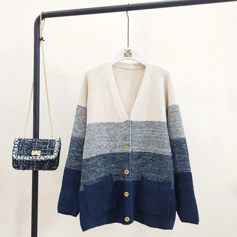 New! 2019 Korean Cardigan Female Harajuku Student Sweater long sleeves Autumn and Winter Stripes Coat D227