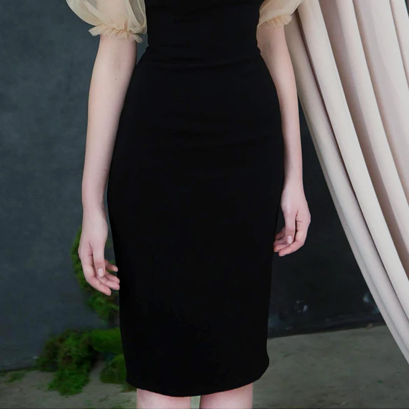Bqueen Новое Женское Платье черное сексуальное с высокой талией Сетчатое платье-фонарь рукав v-образный вырез платье