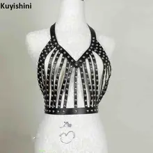 Пикантные Для женщин кроп топ с заклепками; с низким вырезом на спине, купальник на завязках, полый жилет из искусственной кожи безрукавки для ночных клубов одежда бюстгалтеры бондаж