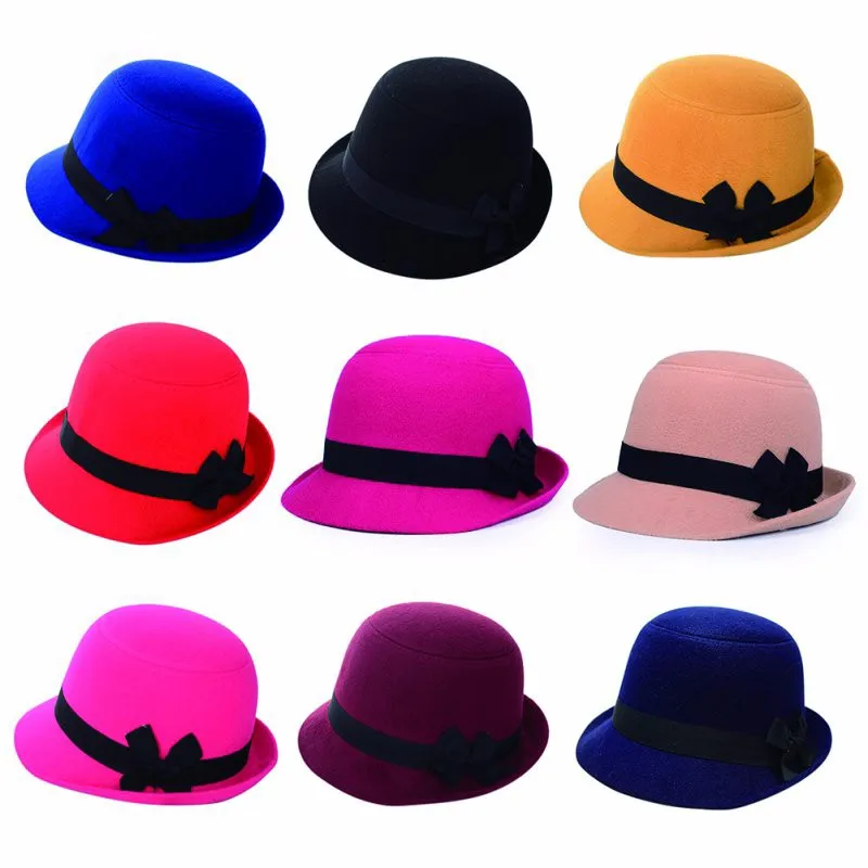 Новая Ретро трендовая Милая Женская Ретро-шляпа для девушек с бантом, Пляжная фетровая шляпа из шерсти, фетровая шляпа-котелок, кепка Дерби