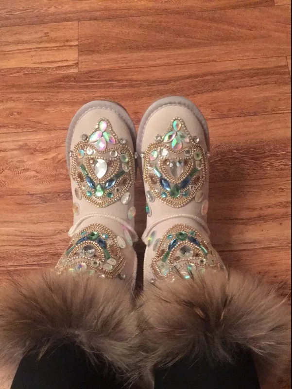 Зимние женские теплые ботинки; модная Роскошная обувь из натуральной кожи ручной работы со стразами; женские ботинки; женские плюшевые ботинки на меху; botas mujer