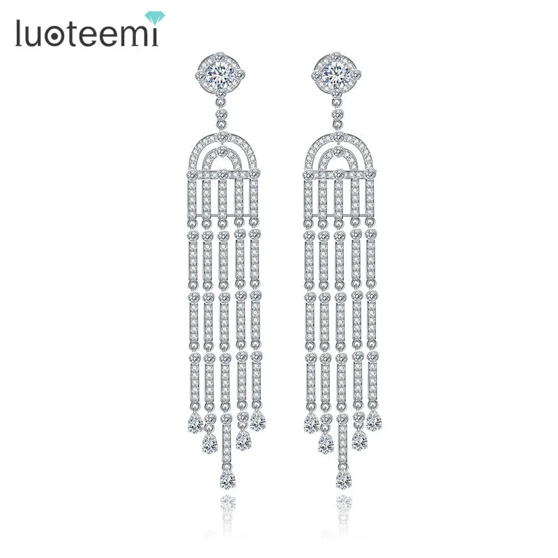LUOTEEMI 2016 Luxury White Gold Plated Long Tassel Design Dangle font b Earrings b font For
