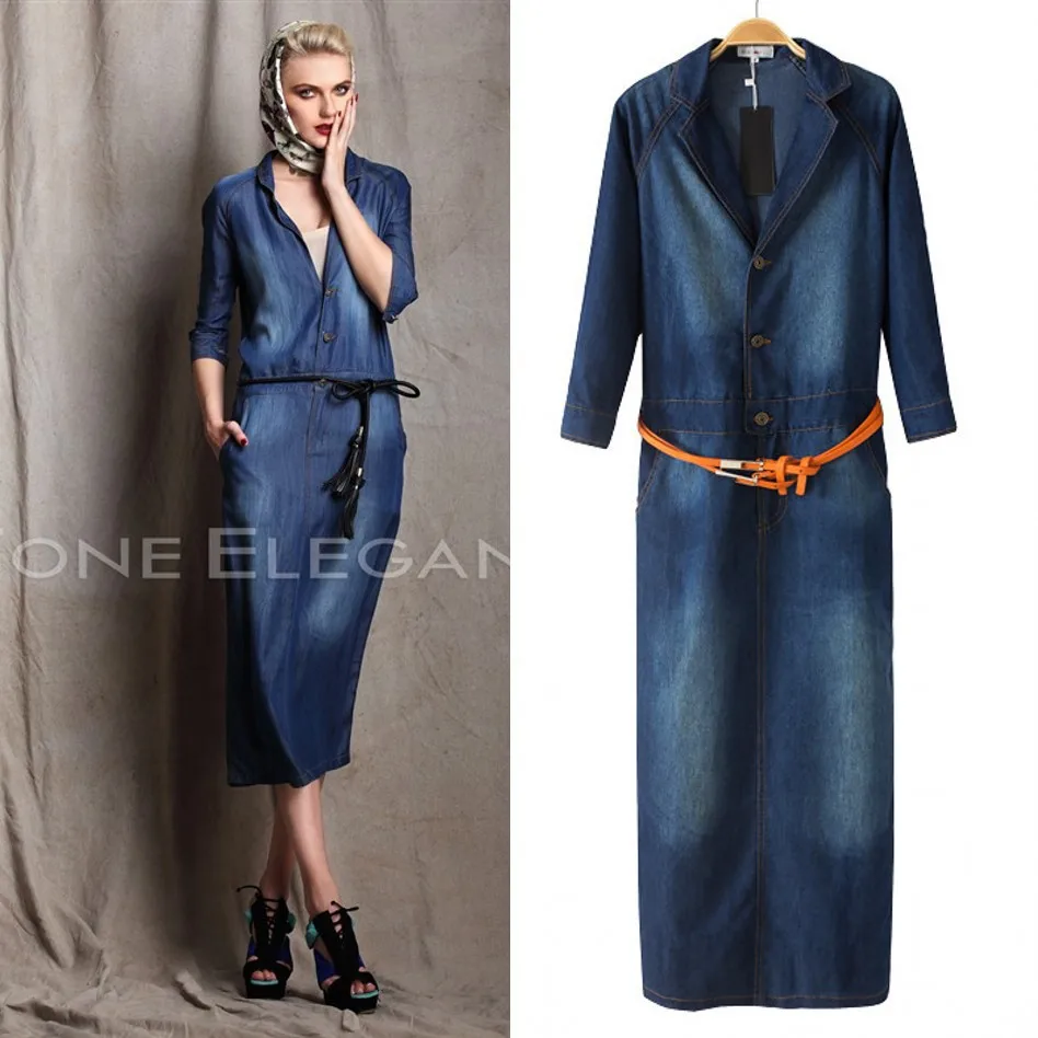 

Vintage New Fashion Women's long denim dress,Slim ice silk blue jeans dress Girl's casual dresses free shipping L-xr1