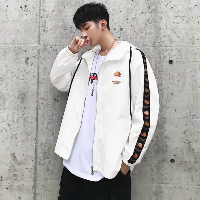 Maple Leaf Embroidery Jackets Men Hip Hop Hooded Coat 2019 Spring Mens Streetwear Embroidered Jackets for Male Q0342