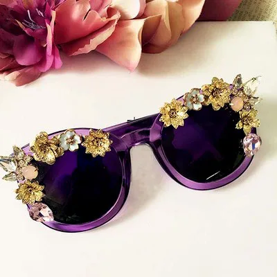 

Fashion Baroque colorful Crystal Flower Sunglasses Retro Metal flowers Sunglasses Summer Women rhinestone Beach accessories