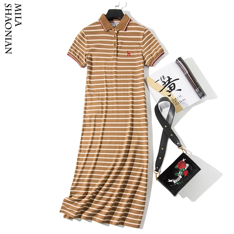 Summer Polo Collar Striped Embroidery Woman Dress Plus Size Short Sleeve Long T-shirt Dresses Casual Female Maxi Dresses