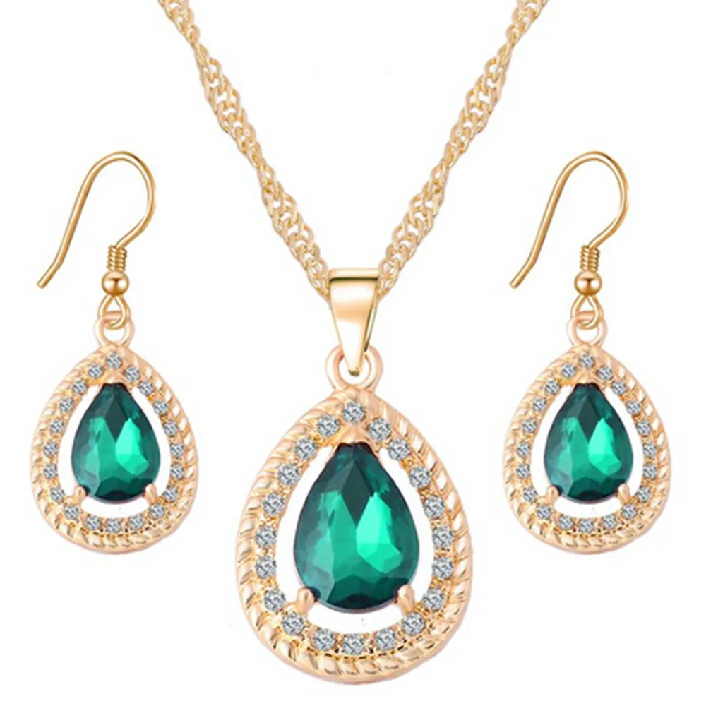 

Gold Color Water Drop Cubic Zirconia Necklace Earrings Fashion Wedding Jewelry Sets Crystal Hollow Pendant Bridal Earring Set