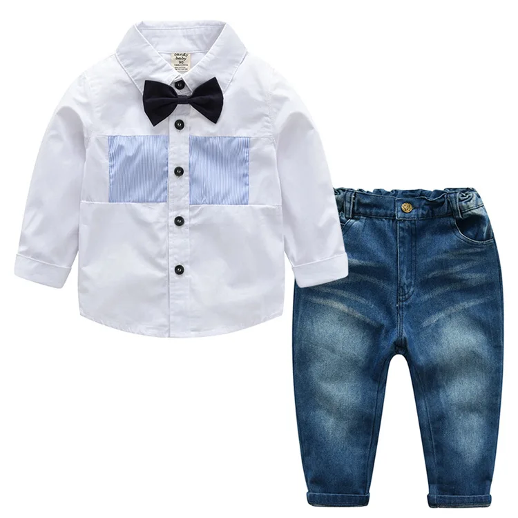 

2018 Spring style 2-8 year Boys long-sleeved shirt denim pants suit boy child baby British two-piece suit