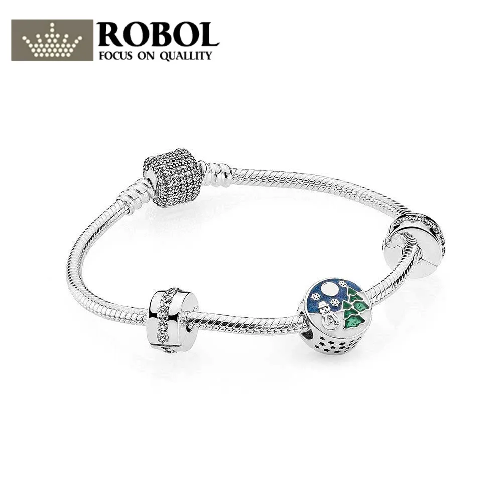 

ROBOL 100% 925 Sterling Silver Snowy Wonderland Bracelet Gift Set fit DIY Original charm Bracelets jewelry A set of prices