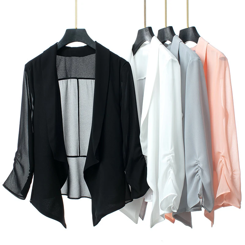 

New Women Summer Thin Section Solid Color Small Suit Ladies Chiffon Wild Suit Jacket Short Paragraph Slim Shawl Sunscreen vadim