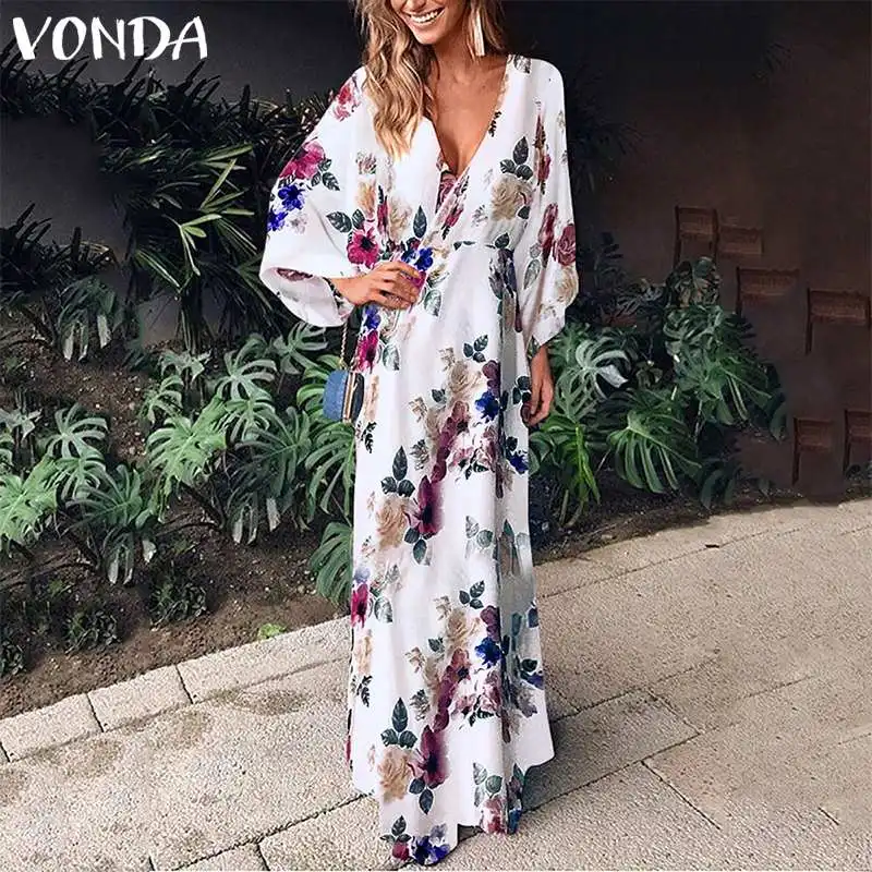 

VONDA 2019 Autumn Summer Dress Women Floral Sexy Sundress Maxi Long Vestido Evening Party Beach Robe Femme Floral Plus Size 5XL
