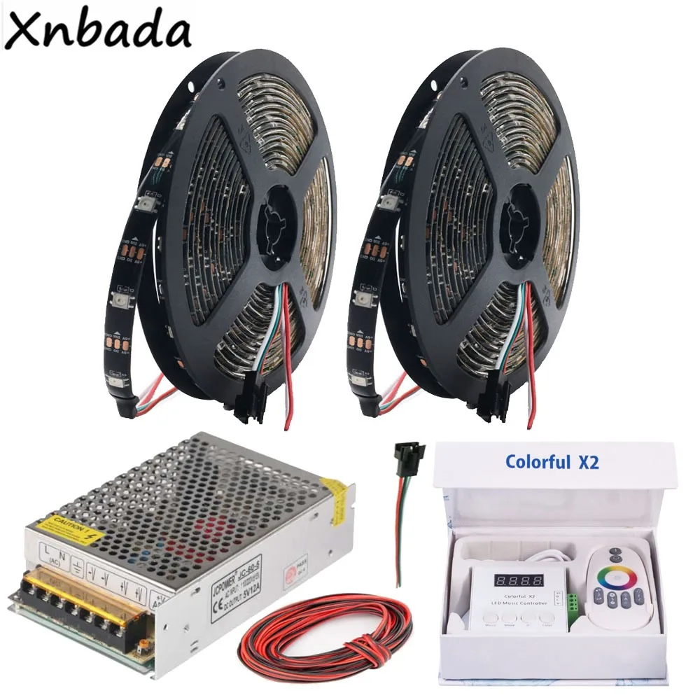 WS2812B WS2812 RGB Светодиодные полосы красочные x2 RGB светодиодный музыкальный контроллер с RF Touch Remote DC5V Led Трансформатор комплект