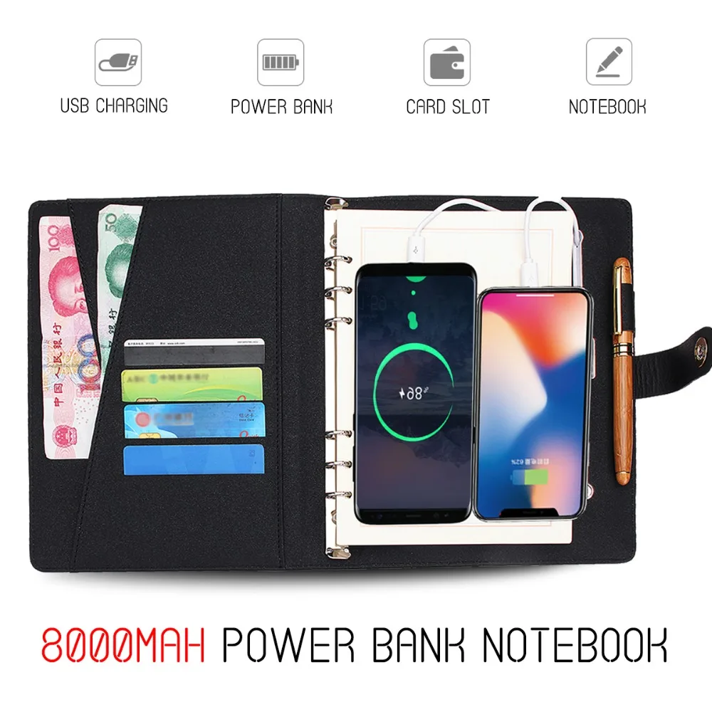 US $24.28 Multi Functional Power Bank Notebook Notebook With 8000 MAh Power Bank USB Charging Charger Note Book Binder Spiral Diary Book