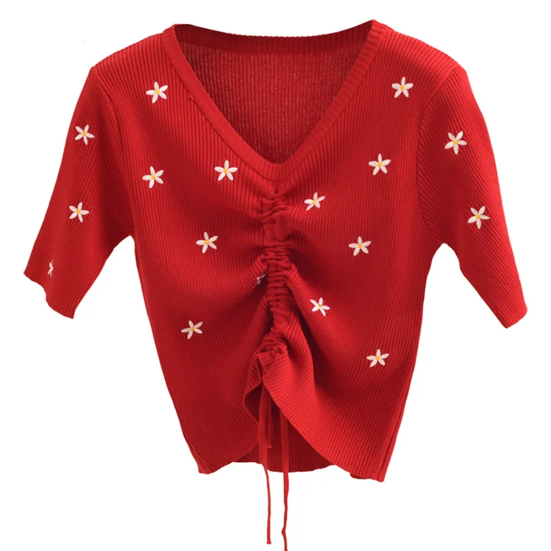 Neploe Female Knitted T-shirt Half Sleeve Tshirt Floral Embroidery V-neck Drawstring Tops Short Crop Top Tee Shirts 53357