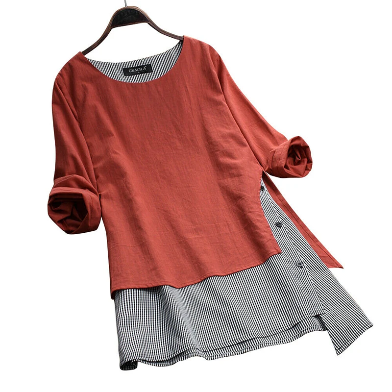 Linen Fake Two Pieces Shirt Dress Woman Casual Long Sleeve Dresses Lady Irregular Pullovers Dress Women Plus Size Blouse Dresses