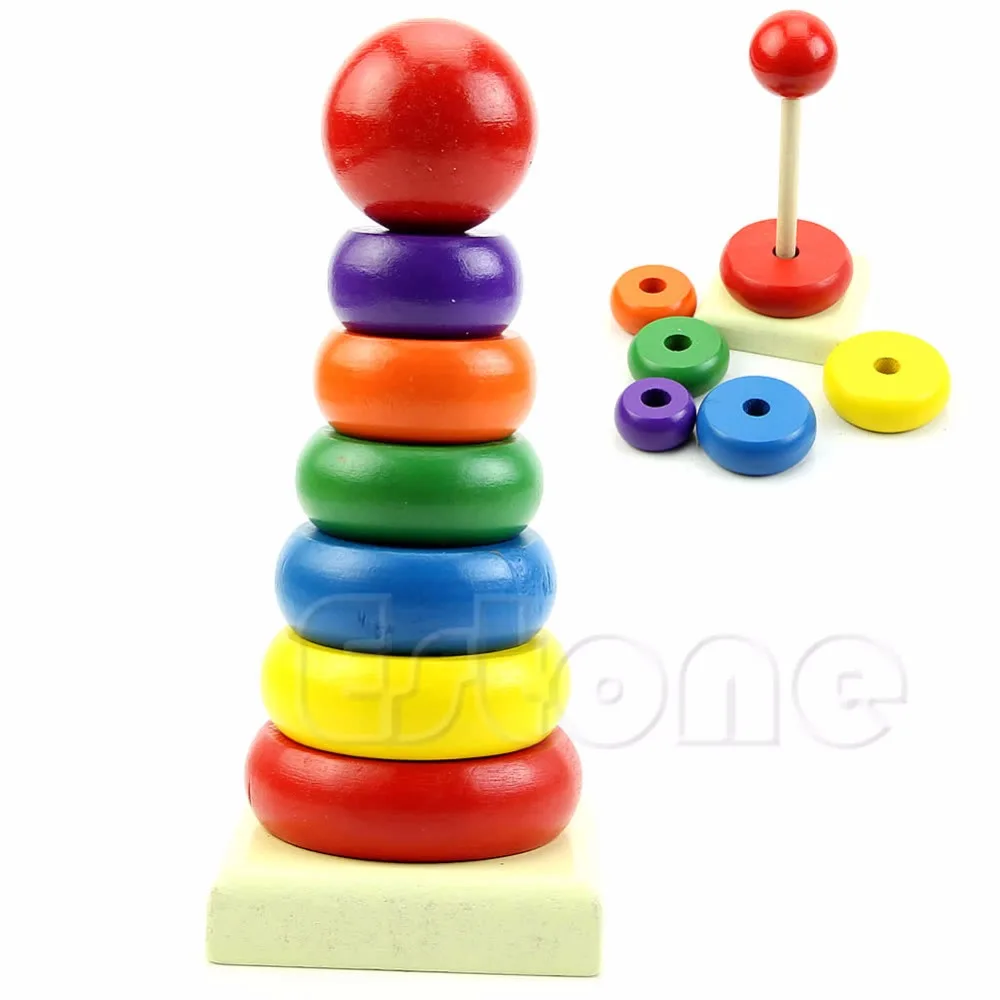 

Baby Kid Stacking Stack Up Nest Learning Wooden Education Toy Rainbow Tower Ring