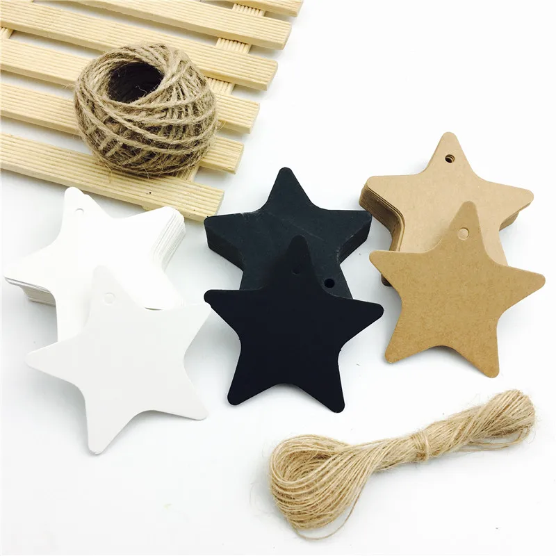 

100pcs/lot White Black Brown Kraft Paper Tags DIY Food Label Star Shaped Wedding Card Blank Price Hang Tag Strings 7*7cm