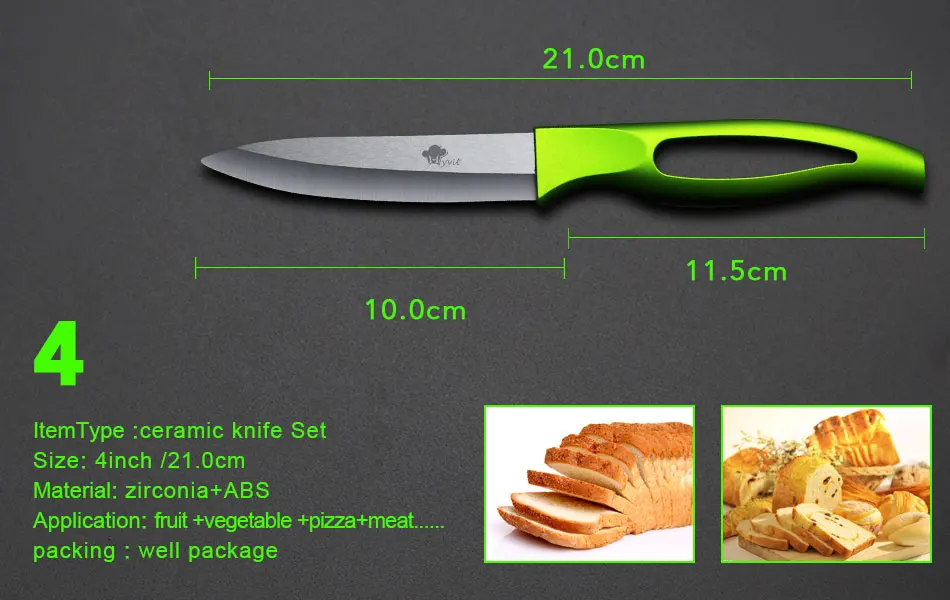 Высококачественный керамический нож, кухонный набор " 4" " дюймов, черное лезвие, зеленая ручка, кухонные ножи для очистки овощей и фруктов