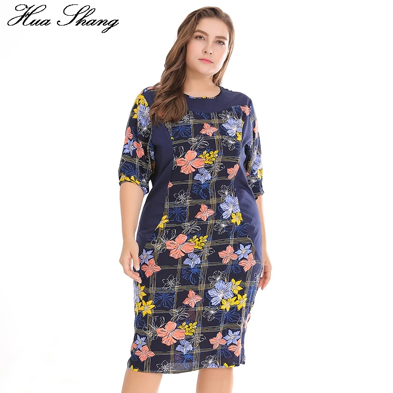 

Huashang Plus Size Dress For Women 2018 Casual Sundress Cotton O-neck Print Patchwork XL XXL XXXL Vintage Mid-calf Lady Dresses