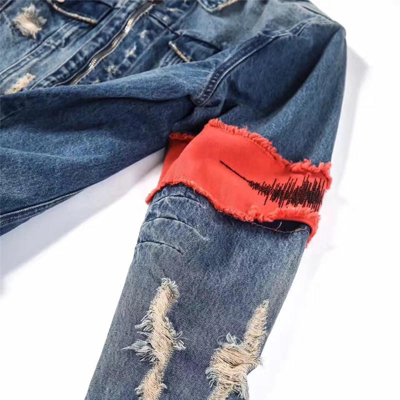DARK ICON Gesture Embroidery Front Zipper Destroyed Jeans Jacket Men High Street Ripped Denim Jackets Men's Jacket DARK ICON Gesture Embroidery Front Zipper Destroyed Jeans Jacket Men High Street Ripped Denim Jackets Men's Jacket