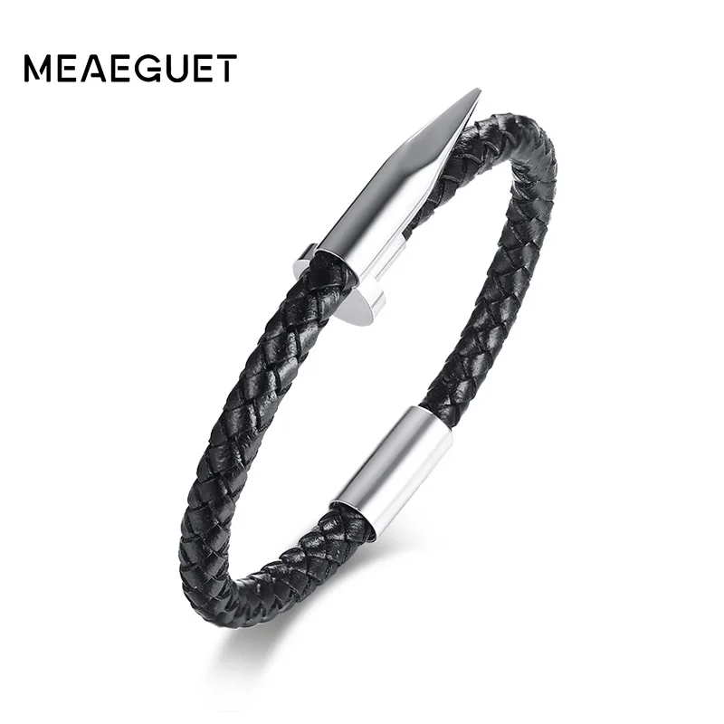 Silver Meaeguet нержавеющая сталь манжеты ногтей браслеты для мужчин женщин плетеная натуральная кожа цепочка-браслет в виде веревки хип-хоп вечерние ювелирные изделия - Окраска металла: Silver