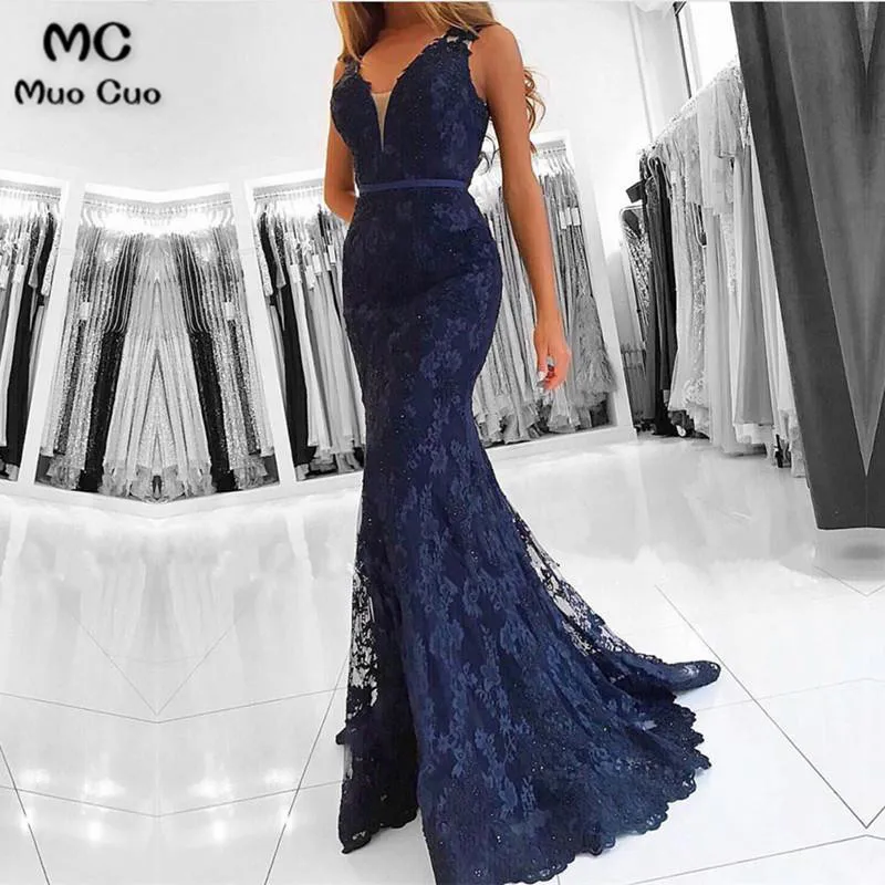 Elegant V Neck Long Lace Mermaid Evening Dresses2